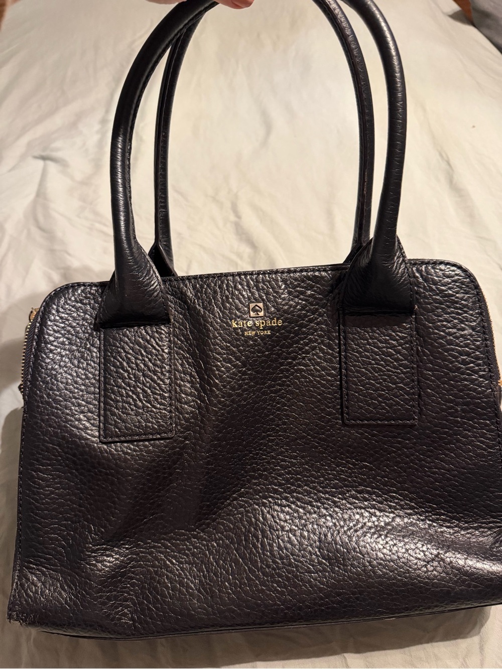 Kate Spade Black Pebbled Leather Satchel with Gold Logo w/Tassel Zippers